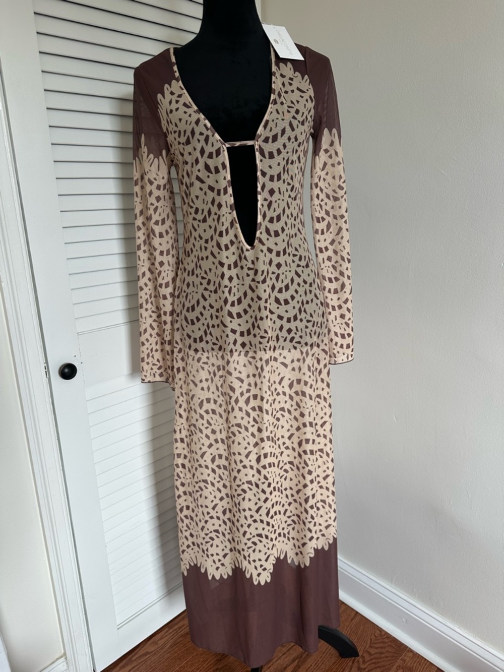 NWT Caroline Constas Mesh Swimsuit Coverup, Kimono, Size Small, Brown and Cream